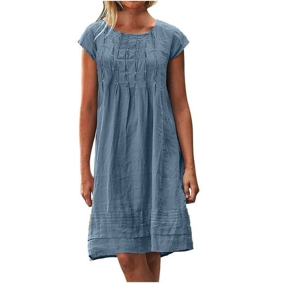 TAGOLD Womens Summer Dress,Plus Size Sundress for Womens,Women's Round Neck Short Sleeved Pleated Solid Cotton Linen Loose Fitting Dress