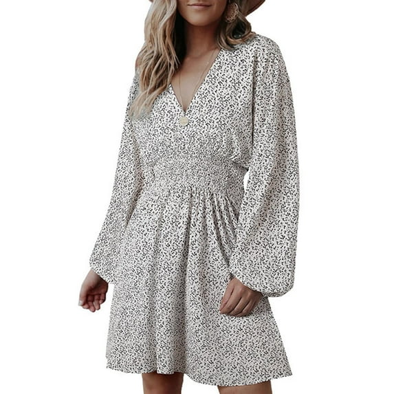 TAGOLD Womens Summer Dress,Plus Size Sundress for Womens,Women's Summer Printed Fashion Leisure Long Sleeve V-Neck Collar Dress
