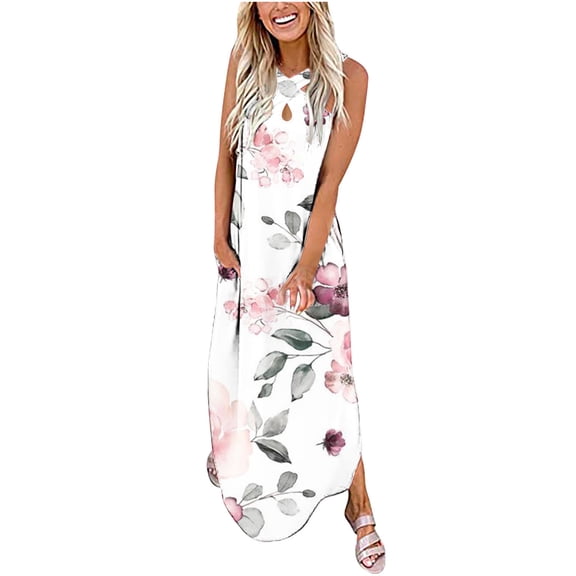 TAGOLD Womens Summer Dresses,Women's Printed Sleeveless Cross Front Neck Long Dress White L