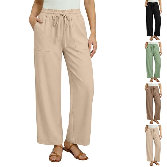 TAGOLD Womens Summer Full Length Pants Solid Color Straight Leg Drawstring Elastic Waist Pocket Pants