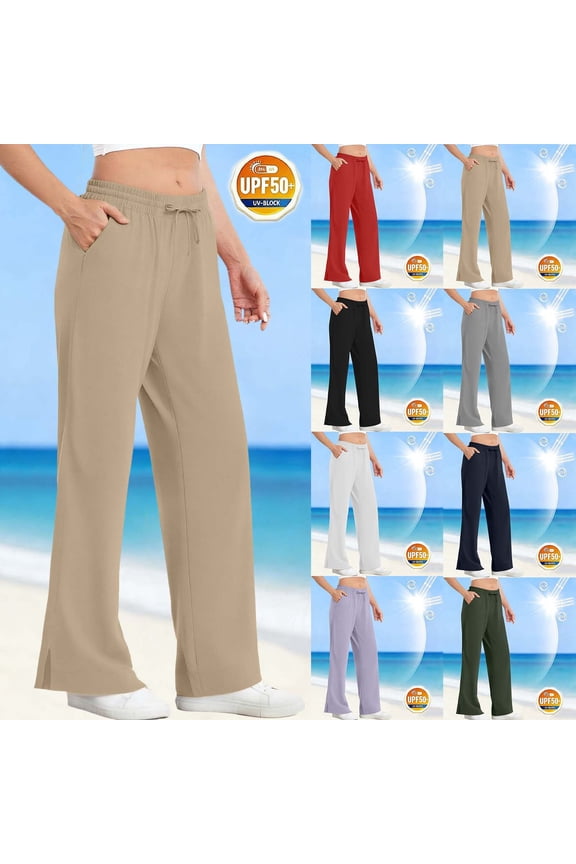 Womens Summer Full Length Pants UPF 50 Sun Protection Drawstring Elastic Waist Side Slit Pocket Pants
