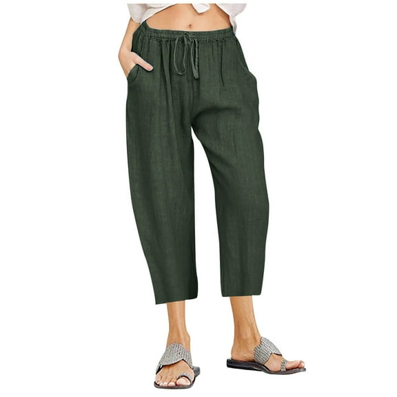 TAGOLD Womens Summer Pants,Women Casual Solid Cotton Linen Drawstring Elastic Waist Wide Leg Pants Cropped Trousers