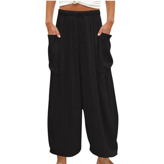 TAGOLD Womens Summer Pants,Women Cotton Linen Solid Casual Pant Loose Comfy Solid Drawstring Wide Leg Crop Trousers With Pockets