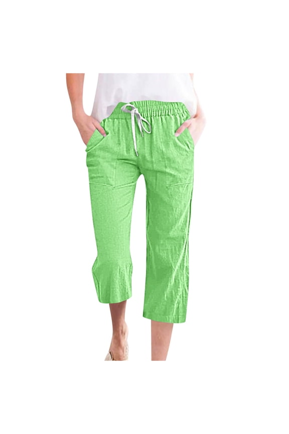 Womens Summer Pants,Women's Fragrant Hemp Solid Color Loose Women Fashion Drawstring Pants Seven Pants Pockets