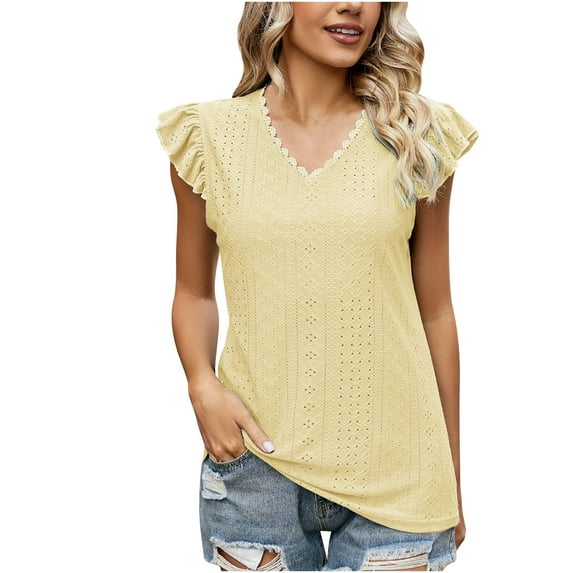 TAGOLD Womens Summer Plus Size Tops,Tops for Womens,Fashion Womens Casual Solid Color V Neck Ruffled Short Sleeve Tops Loose Blouses