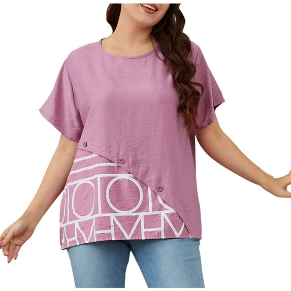 TAGOLD Womens Summer Plus Size Tops,Tops for Womens,Women Oversize Summer Casual Short Sleeve Round Neck Printed Sleeve Tops Loose Blouse