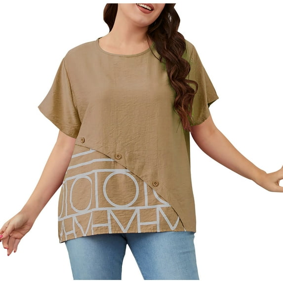 TAGOLD Womens Summer Plus Size Tops,Tops for Womens,Women Oversize Summer Casual Short Sleeve Round Neck Printed Sleeve Tops Loose Blouse
