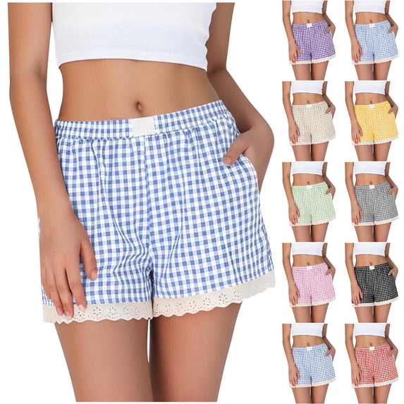 TAGOLD Womens Summer Shorts Plaid Lace Splice Elastic Waist Loungewear Soft Sleep Bottom Shorts