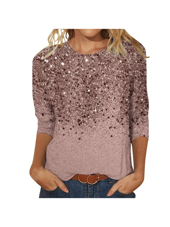Womens Summer Tops,Women's Loose Mid-Length 3/4 Sleeve Bright Glitter Printed Round Neck Top T-Shirt