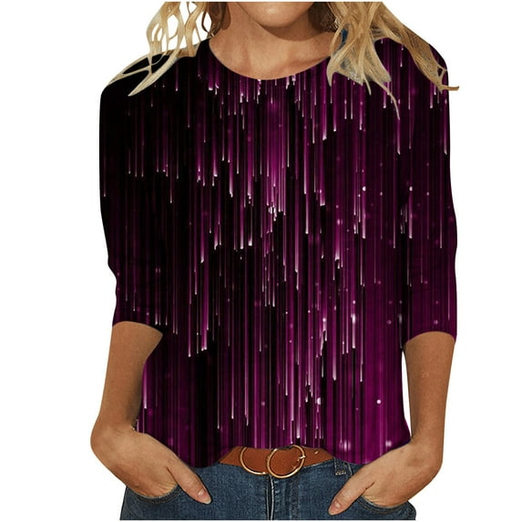 TAGOLD Womens Summer Tops,Women's Loose Mid-Length 3/4 Sleeve Bright Glitter Printed Round Neck Top T-Shirt