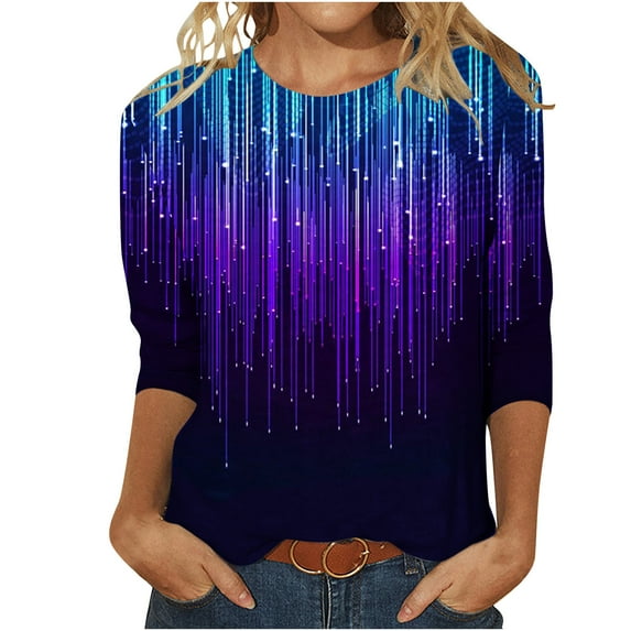 TAGOLD Womens Summer Tops,Women's Loose Mid-Length 3/4 Sleeve Bright Glitter Printed Round Neck Top T-Shirt