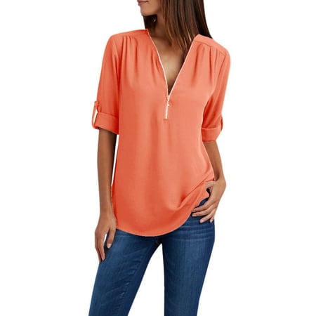 Summer Savings Clearance! TAGOLD Womens Tops, Womens Plus Size Tops, Womens Tops and Blouses, Womens Casual Tops, Women Ladies Zipper Button Long Sleeves Loose Chiffon Shirt Clothing
