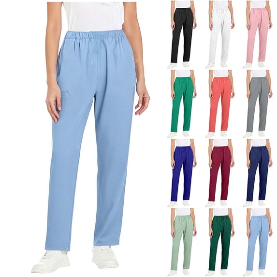 TAGOLD Womens Trousers Solid Color Straight Leg Work Pants Stretch Waist With Pockets For Nurses