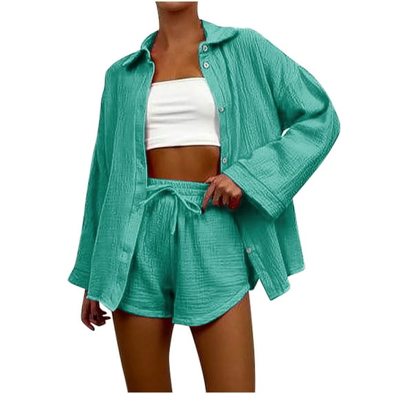TAGOLD Womens Two Piece Outfits Sets,Women's Fashion Casual Solid Color Long Sleeved Shirt And Shorts Two Piece Set