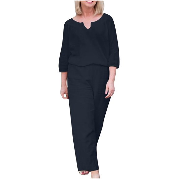 TAGOLD Womens Two Piece Outfits Sets,Women's Summer Loose 2 Piece Lounge Matching Sets Solid OutfitsV-Neck 3/4Sleeve Tops Long Pants Tracksuits Suit