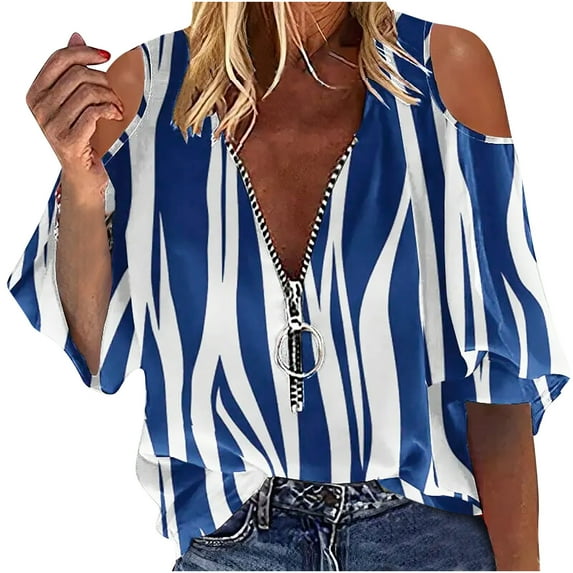 Summer Savings Clearance 2024! TAGOLD Womens Plus Size Summer Tops,Women Summer Sexy Shirt Cold Shoulder Pullover Blouse Half Sleeve Zipper Printed Tops Blue S