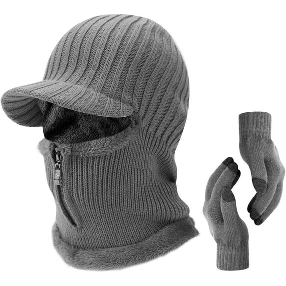 TAGVO 2pcs Winter Knitted Balaclava Glove Set, Beanie Hat Warm Cycling Ski Mask, Men Women Windproof Hood, Balaclavas Heavyweight Thermal Fleece, Grey