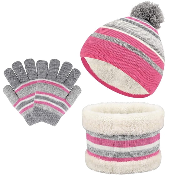 TAGVO 3 in 1 Warm Beanie Hat Scarf Gloves Set for Kids, Winter Thicken Fleece Thermal Knit Hat Scarf Gloves Set,for Kids children Boys Girls, Aged 3-6, Winter Accessories Sets