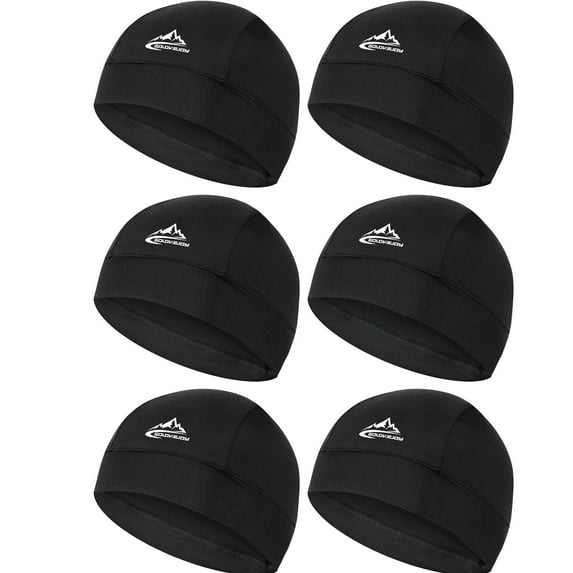 TAGVO 6 Packs Moisture Wicking Skull Cap Beanie Hat, Summer UV Protection Elastic Running hat Helmet Liner Under Helmet Hats Headwear, Running Hiking Motorcycle Cycling Sports Hat, Black
