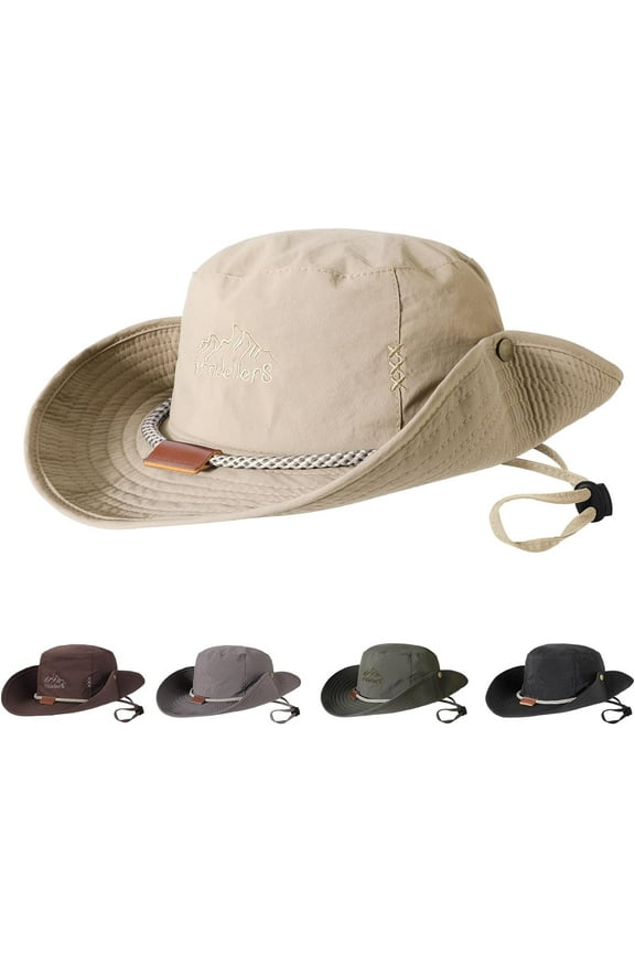 Boonie Hat Fishing Hat, Foldable Cowboy Style Bucket Hat Sun Hat UV Protection Wide Brim Bucket Cap Adjustable Chin Strap Breathable Safari Hat Jungle Hat for Fishing Camping Hiking, Khaki