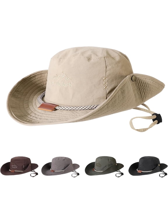 Boonie Hat Fishing Hat, Foldable Cowboy Style Bucket Hat Sun Hat UV Protection Wide Brim Bucket Cap Adjustable Chin Strap Breathable Safari Hat Jungle Hat for Fishing Camping Hiking, Khaki