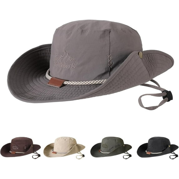 TAGVO Boonie Hat Fishing Hat, Foldable Cowboy Style Bucket Hat Sun Hat UV Protection Wide Brim Bucket Cap Adjustable Chin Strap Breathable Safari Hat Jungle Hat for Fishing Camping Hiking, Grey