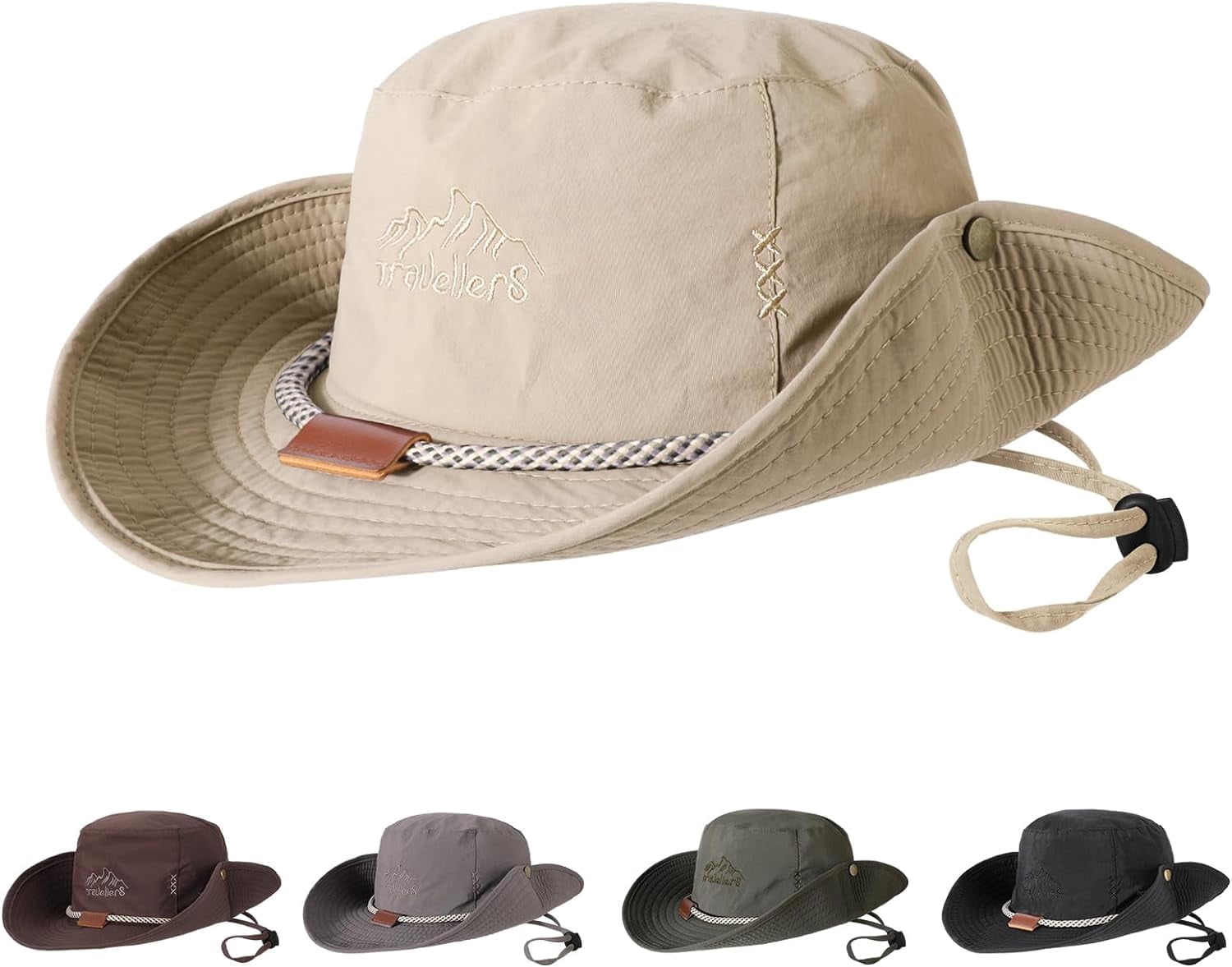 Boonie Hat Fishing Hat, Foldable Cowboy Style Bucket Hat Sun Hat UV Protection Wide Brim Bucket Cap Adjustable Chin Strap Breathable Safari Hat Jungle Hat for Fishing Camping Hiking, Khaki
