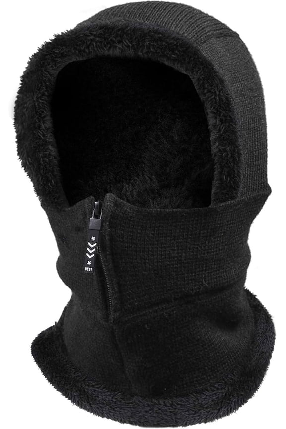 Knitted Warm Balaclava Hat, Soft Elastic Neck Gaiter Snood Ear Warmer, Thicken Fleece Hood Cycling Face Cover Hat, Men and Women, Black