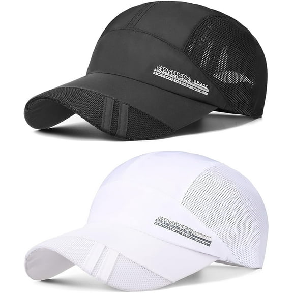 TAGVO Sports Mesh Baseball Cap, 2 Pack Summer Breathable Mesh Baseball Sun Cap Sport Quick Drying Hats Unisex Running Visor Cap with Adjustable Buckle Closure, Black&White