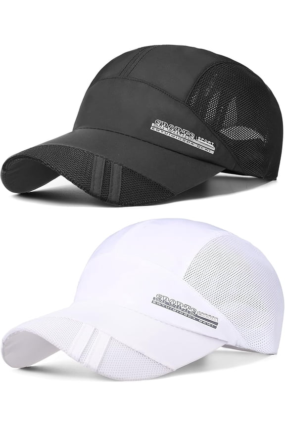Sports Mesh Baseball Cap, 2 Pack Summer Breathable Mesh Baseball Sun Cap Sport Quick Drying Hats Unisex Running Visor Cap with Adjustable Buckle Closure, Black&White
