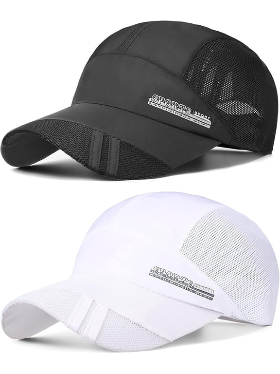 Sports Mesh Baseball Cap, 2 Pack Summer Breathable Mesh Baseball Sun Cap Sport Quick Drying Hats Unisex Running Visor Cap with Adjustable Buckle Closure, Black&White