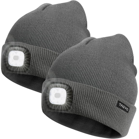 TAGVO Unisex Beanie with The Light, USB Rechargeable LED Caps, Flashlight Hat Headlamp Beanie Gifts for Dad Father Husband, Winter Warm Hat for Men Women, Grey 2pcs