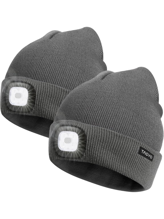 Unisex Beanie with The Light, USB Rechargeable LED Caps, Flashlight Hat Headlamp Beanie Gifts for Dad Father Husband, Winter Warm Hat for Men Women, Grey 2pcs