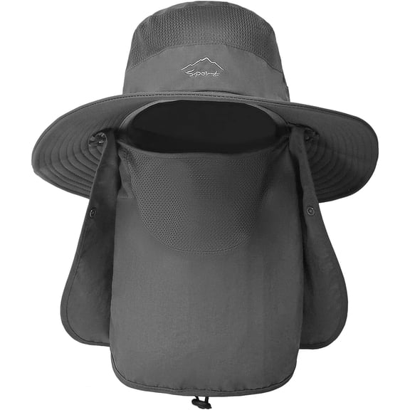 TAGVO Wide Brim Sun Hat with Detachable Neck Face Flap, Outdoor UPF 50+ Protection Fishing Hats, Camping Hiking Walking Travel Sun Bucket Hats Foldable Sun Caps - Adjustable Chin Strap, Dark Grey
