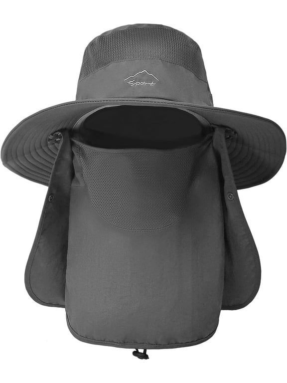 Wide Brim Sun Hat with Detachable Neck Face Flap, Outdoor UPF 50+ Protection Fishing Hats, Camping Hiking Walking Travel Sun Bucket Hats Foldable Sun Caps - Adjustable Chin Strap, Dark Grey