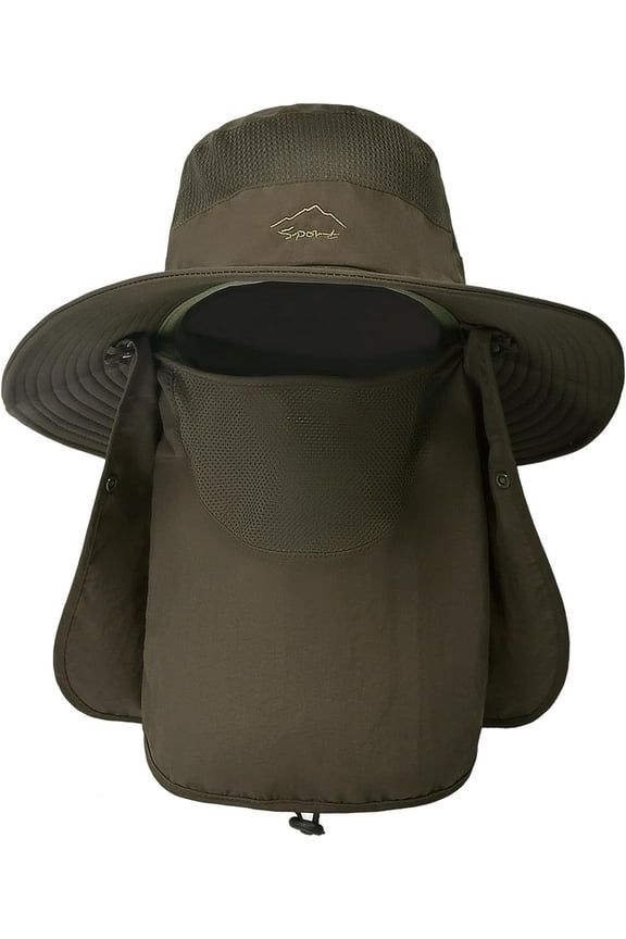 Wide Brim Sun Hat with Detachable Neck Face Flap, Outdoor UPF 50+ Protection Fishing Hats, Camping Hiking Walking Travel Sun Bucket Hats Foldable Sun Caps - Adjustable Chin Strap, Army Green