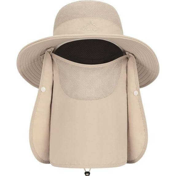 TAGVO Wide Brim Sun Hat with Detachable Neck Face Flap, Outdoor UPF 50+ Protection Fishing Hats, Camping Hiking Walking Travel Sun Bucket Hats Foldable Sun Caps - Adjustable Chin Strap, Beige