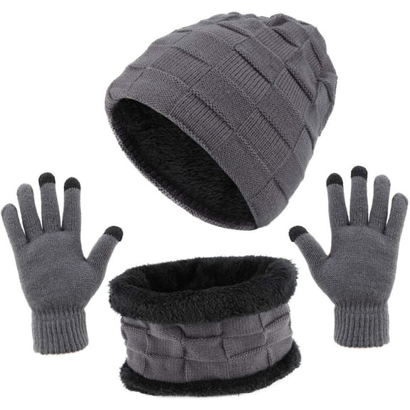 TAGVO Winter Unisex Beanie Hat Scarf & Touch Screen Gloves Set 3 in 1, Thick Soft Fleece Inner Great Warm, Stretchy Knitted Skiing Beanie Skull Cap, Neck Warmer, Touch Gloves, Grey