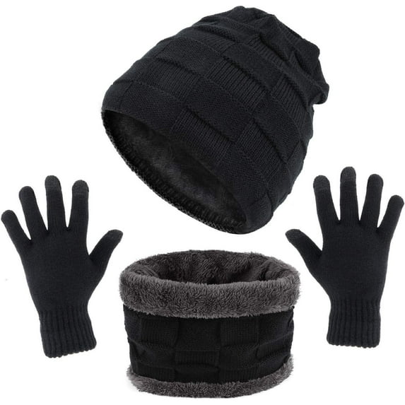 TAGVO Winter Unisex Beanie Hat Scarf & Touch Screen Gloves Set 3 in 1, Thick Soft Fleece Inner Great Warm, Stretchy Knitted Skiing Beanie Skull Cap, Neck Warmer, Touch Gloves, Black