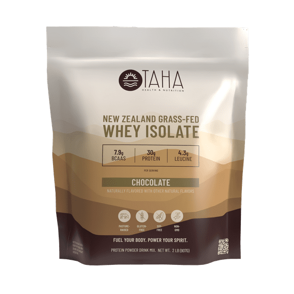 TAHA Health & Nutrition Chocolate Whey Protein Isolate Powder, 30g Protein, 7.9g BCAAs, 4.3g Leucine | New Zealand Free-Range, Grass-Fed Dairy | Gluten-Free, Keto, Kosher | 2LB, ~24 Servings