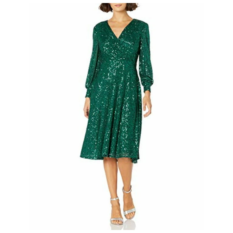 TAHARI ARTHUR S. LEVINE Womens Green Sequined Long Sleeve Surplice