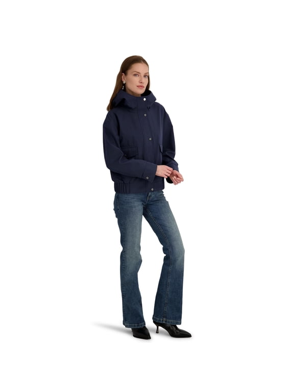 Women's Leone Hooded Rain Bomber Water-Resistant Softshell Jacket w/Patch Pockets, Navy, L