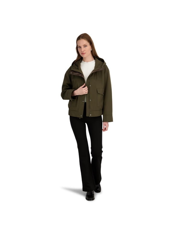 Women's Leone Hooded Rain Bomber Water-Resistant Softshell Jacket w/Patch Pockets, Olive, S