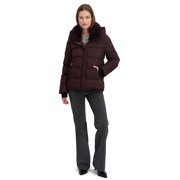 TAHARI Womens Short Quilted Puffer Jacket with Faux Fur Collar & Detachable Hood, Merlot, XL