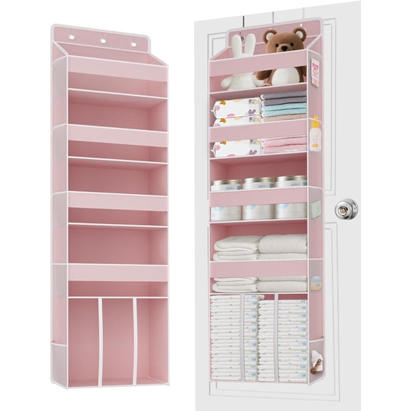 TAHAVICE 1PC Pink Over the Door Nursery Organizer with Large Capacity Caddy | 4 Shelf & 10 Mesh Side Pockets, Pink Stuff Hanging Storage and Girl Essentials Closet Organizer for Cute Room, Bedroom