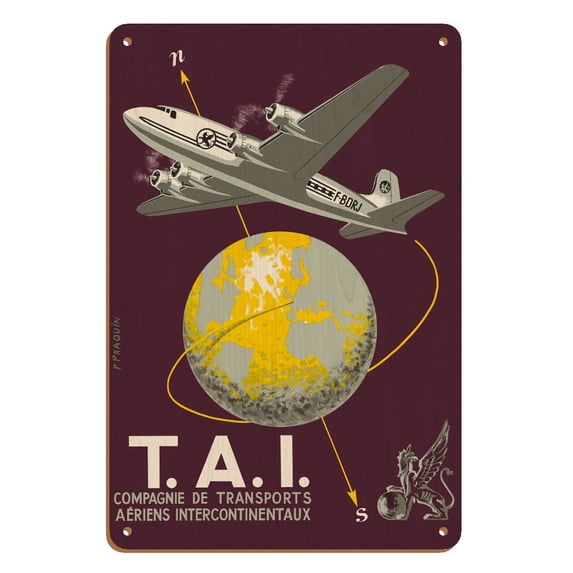 TAI Airline (Transports Aériens Intercontinenteaux) - Douglas DC-4E Airplane - Vintage Airline Travel Poster by P. Praquin c.1952 - 8 x 12 inch Vintage Wood Art Sign
