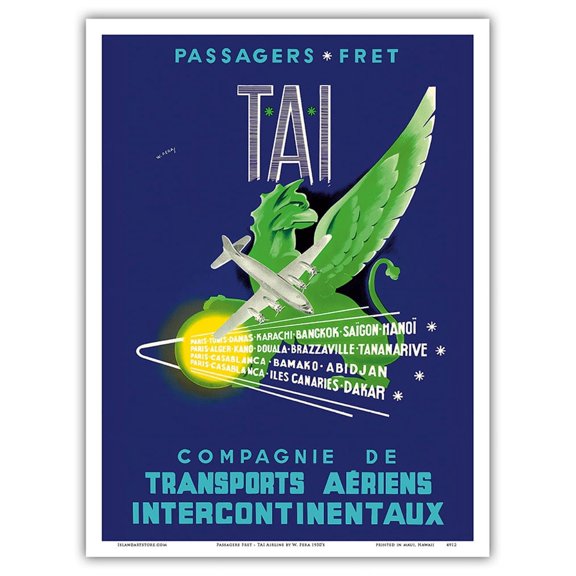 TAI Airline (Transports Aériens Intercontinenteaux) - Passengers and Freight - Vintage Airline Travel Poster by W. Pera 1950’s - Master Art Print (Unframed) 9in x 12in