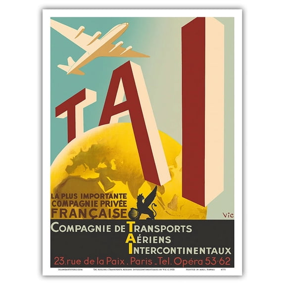 TAI Airline (Transports Aériens Intercontinenteaux) - Vintage Airline Travel Poster by Vic c.1950 - Master Art Print (Unframed) 9in x 12in