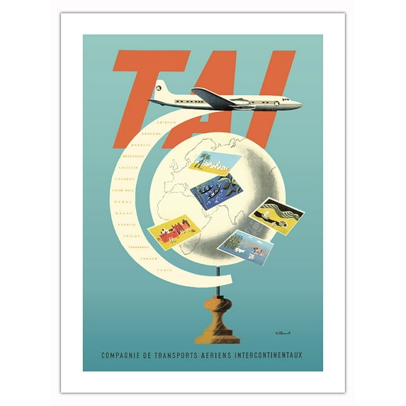 TAI Airline (Transports Aériens Intercontinenteaux) - Vintage Airline Travel Poster by Bernard Villemot c.1953 - Bamboo Fine Art 290gsm Paper (Unframed) 12x16in