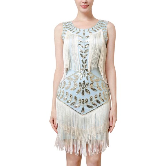 TAIAOJING 1920 Vintage Prom Sequins Gowns Vest Round Neck Plus Size Beaded Tassel Dresses Costume